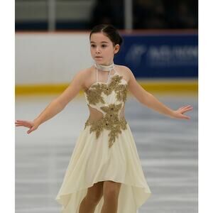 Custom Girls 14 Ice Skating costume gold glitter floral halter dance competition